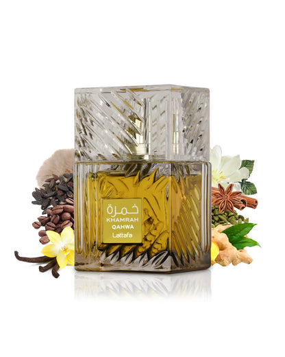 Lattafa Khamrah Qahwa EDP bottle with notes at deenandnoor.com